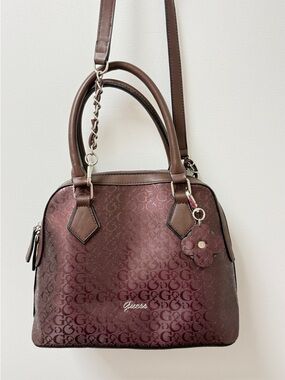 Guess Burgundy Signature Dome Satchel with Floral Charm